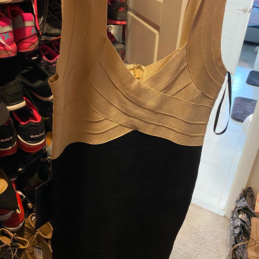 Gold and black Bebe bandage dress